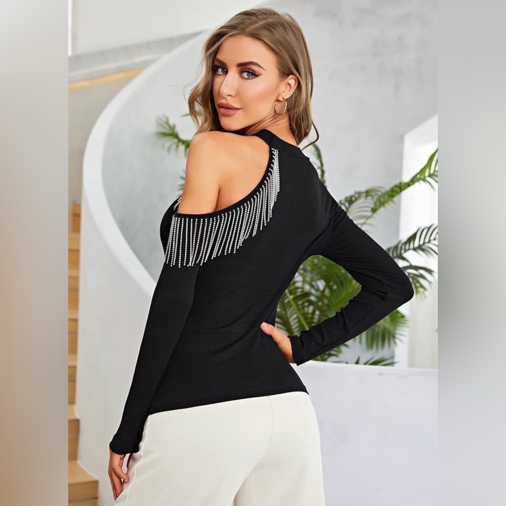 SweatyRocks Black Open Shoulder Bling Long Sleeve Sweater